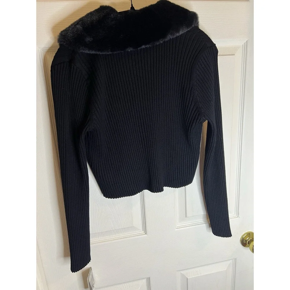 Taylor Ribbed Knit‎ Cardigan Removable Faux Fur Collar Single Button Size L